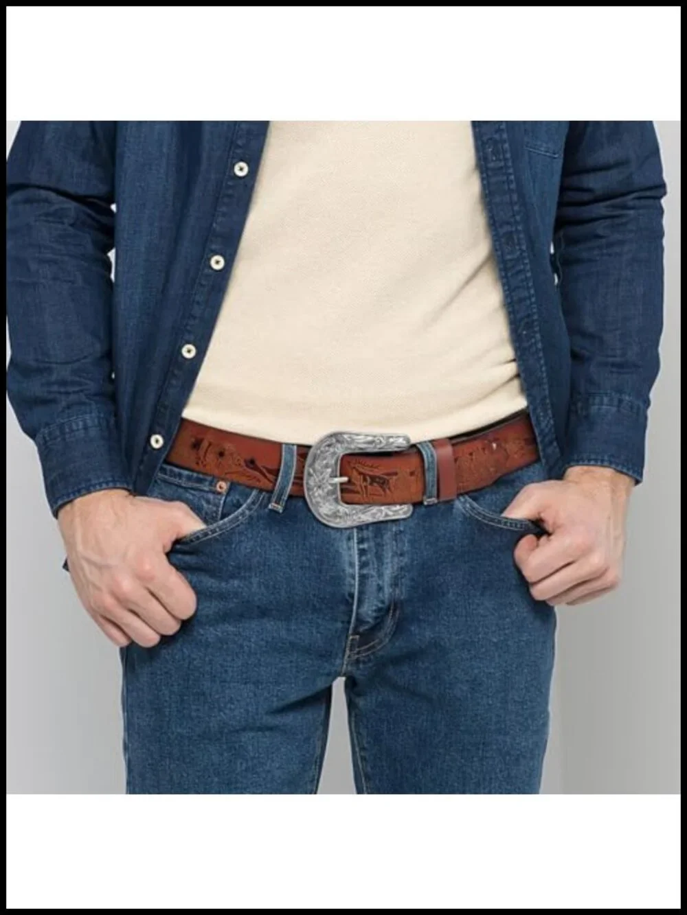 Western Leather Belt with Removable Silver Buckle - Men Women